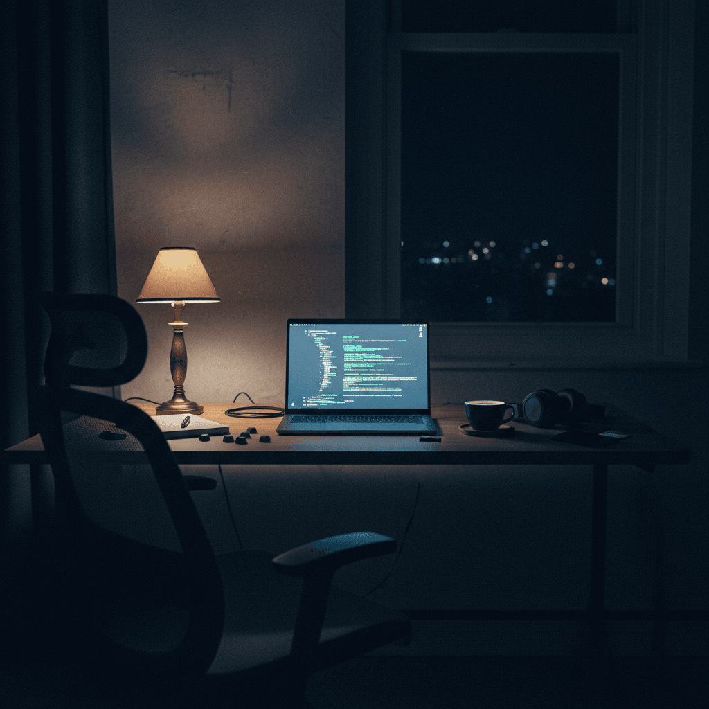 Un poste de travail la nuit, l'écran encore allumé sur un site en cours de relecture